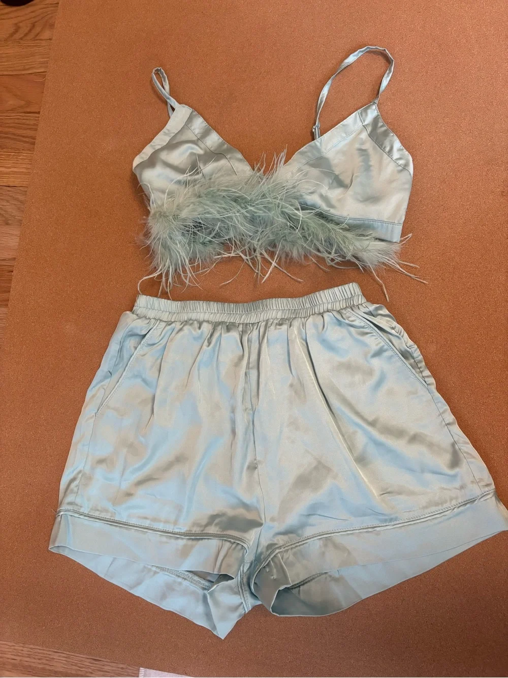 Nasty Gal Light Aqua Satin Feather-Trim Bralette & Shorts Set
